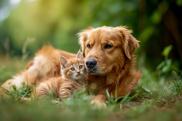 Happy little orange havanese puppy dog and cat are sitting in the grass 