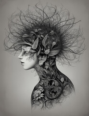 Fototapeta premium Surreal portraits,flower style, monochrome,lith printing
