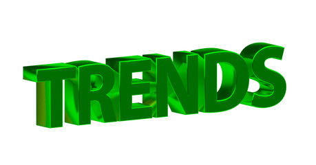 Trends - grüne plakative 3D-Schrift, Innovation, Modern, Aktuell, Entwicklung, Forschung, Mode, Technologie, Rendering, gerendert, Freisteller, Alphakanal
