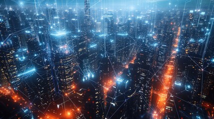 Obraz premium A futuristic cityscape immersed in a network of digital pathways