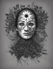 Surreal portraits,flower style, monochrome,lith printing