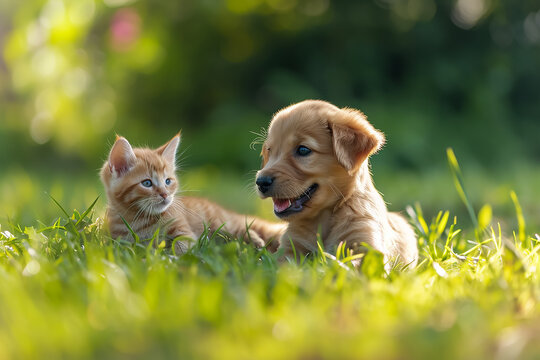 Happy little orange havanese puppy dog and cat are sitting in the grass 
