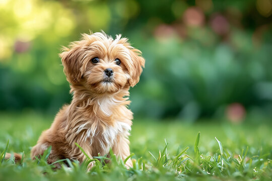 Happy little orange havanese puppy dog is sitting in the grass 