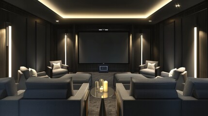 Interior Design Mock-up of a Home Theater: Luxurious with tiered seating, dark walls, and a large projector screen