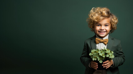 cute kid wearing shamrock on solid green background with copy space.