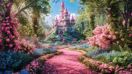 Pink castle surrounded by vibrant flowers and lush trees, creating a magical and fantastical landscape straight out of a fairy tale - obrazy, fototapety, plakaty