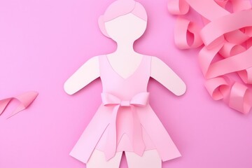 Pink ribbon with girl paper doll. Healthcare and medical concept.