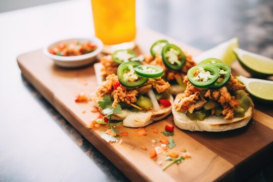 spicy tortas with jalapenos and hot sauce on top