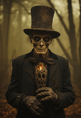 Mysterious Victorian Gentlemen Holding a Skull in a Foggy Forest Setting