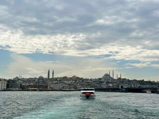 Naklejka premium 17 of April 2023 - Istanbul, Turkey: Cityscape from the sea