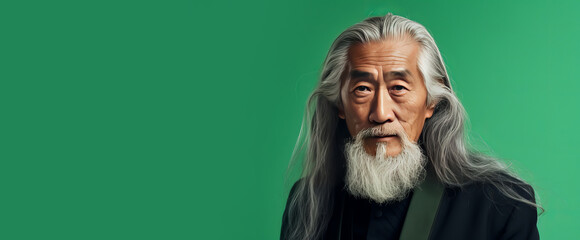 Portrait of an elderly handsome Asian senior man old with gray long hair, on a light green background, banner. - obrazy, fototapety, plakaty