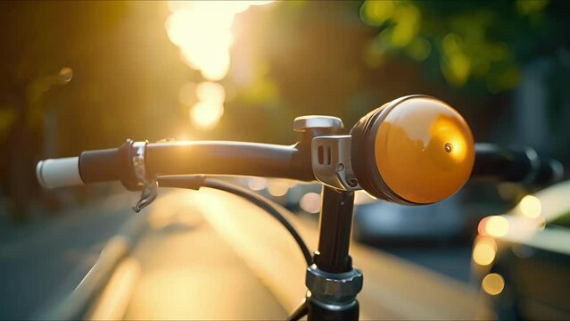 Macro View Of A Bicycle Bell Attached To The Handlebars, Ready To Signal The Way Through Traffic.