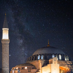 Hagia Sophia or Ayasofya Camii with milky way. Ramadan or islamic concept image.