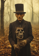 Mysterious Victorian Gentlemen Holding a Skull in a Foggy Forest Setting