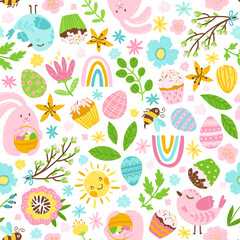 Easter seamless pattern in cartoon style. Colorful childish doodle with cupcakes and eggs, birds, bee and flowers. Sun, rainbow and raindrops. Creative baby texture for fabric, paper