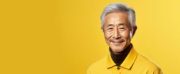 Elegant smiling elderly Asian man with gray hair, on a yellow background, banner, copy space, portrait.