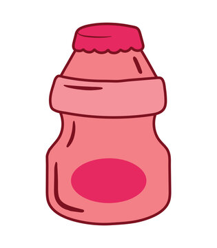 Strawberry Yogurt Probiotic Drink Bottle Icon in Cute Cartoon Drawing Vector Illustration
