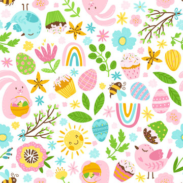 Easter seamless pattern in cartoon style. Colorful childish doodle with cupcakes and eggs, birds, bee and flowers. Sun, rainbow and raindrops. Creative baby texture for fabric, paper