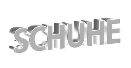 Schuhe - silberne plakative 3D-Schrift, , Schuhgeschäft, Trend, Mode, Sneaker, Stiefel, Sandalen, Sportschuhe, Freisteller, Rendering
