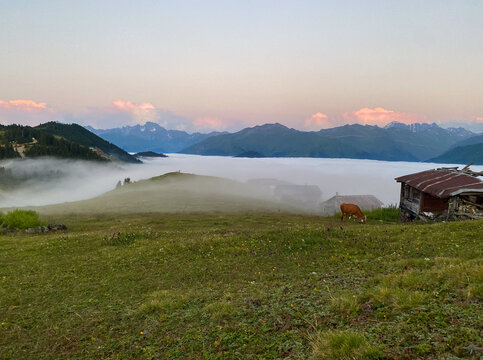 General landscape view of a Elevit plateau in Camlihemsin, Rize.  Plateau has a wide meadow area with excellent nature views and wooden chalets. Rize, Camlihemsin, Turkey.