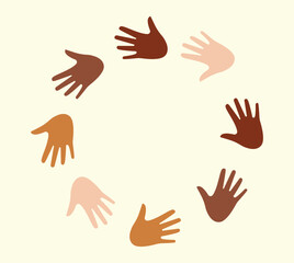 Obraz premium Vector circular pattern made from people's hands. Fight for your rights. The problem of social equality. Different ethnic human hands. Asian, Latino, black. Modern vector illustration.