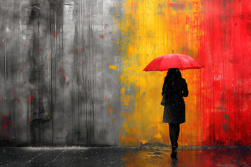 woman walking with an umbrella, clear and vivid colors, special green, monsù desiderio, minimalist. space for text. gloom, rain. climate and shelter