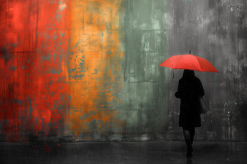 woman walking with an umbrella, clear and vivid colors, special green, monsù desiderio, minimalist. space for text. gloom, rain. climate and shelter