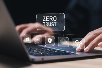 Zero trust security concept, Businessman use laptop with virtual zero trust icon for business...