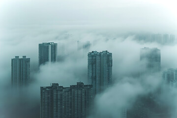 Fototapeta na wymiar Atmospheric shot of foggy cityscapes. Aerial view.