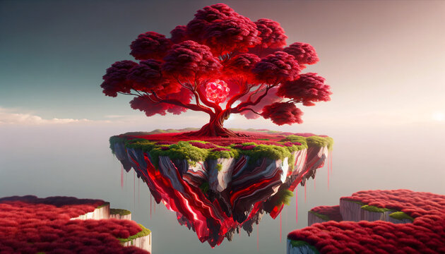 &Aacute;rbol de rub&iacute; en una isla flotante surrealista y de fantas&iacute;a, un paisaje fant&aacute;stico que evoca la magia de la literatura, soledad y la insondable belleza de la naturaleza