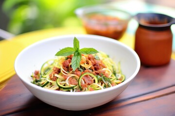 zoodles with tomato sauce in a ceramic bowl