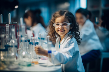 Young girl smiling in a lab coat and safety goggles conducting an experiment with glassware in a science classroom setting - Powered by Adobe