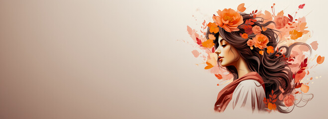 An artistic illustration of a woman with vibrant orange flowers in her hair, symbolizing the beauty of spring or the concept of Mother Nature