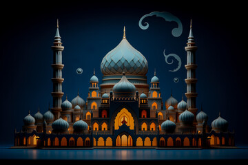 Illustration of a stylized mosque with ornate domes and minarets against a night sky, possibly related to Islam or a Muslim holiday Ramadan