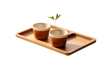 Wood serving tray with unused cups isolated on transparent background