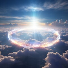 Puffy clouds with a glowing circle in the sky with lights, transparent, translucent Generative Ai