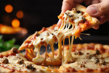 macro shot of taking a slice from the cheese pizza