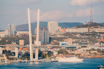 View of the central part of Vladivostok from the Krestovaya hill. Russia, Primorsky Krai, Vladivostok city.