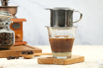 Vietnamese coffee made with a traditional Vietnamese coffee dripper