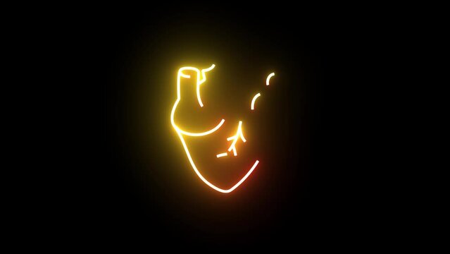 Neon line Human organ heart icon isolated on black background. Glowing red and yellow neon human heart animation. Neon medical animation Liver. Motion graphic animation 4k