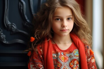 Portrait of a beautiful little girl with long hair in a red sweater.