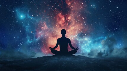 A mesmerizing silhouette of a human engaged in astral yoga, meditating in cosmic space.