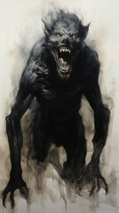 Digital painting of a black monster with big teeth and sharp teeth