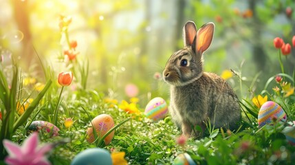 Cheerful rabbit amidst a vibrant Easter egg setting in a forest. Meadow field background. Copy space.