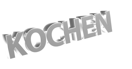 Kochen - silberne plakative 3D-Schrift, Kochen, Rezepte, Zubereitung, Lebensmittel, Gerichte, Kochkunst, Genuss, Küche, Rendering, Freisteller, Alphakanal.