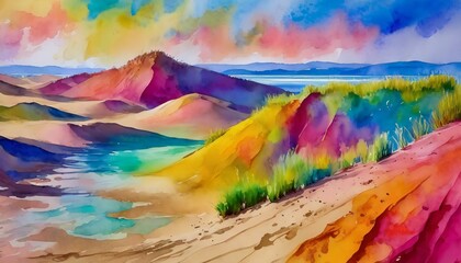 abstract watercolor painting.a vibrant and expressive abstract watercolor painting capturing the essence of sand dunes. Let the colors flow organically, depicting the shifting patterns and textures fo