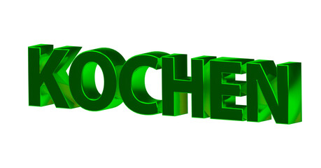 Kochen - gr&uuml;ne metallische plakative 3D-Schrift, Kochen, Rezepte, Zubereitung, Lebensmittel, Gerichte, Kochkunst, Genuss, K&uuml;che, Rendering, Freisteller, Alphakanal.