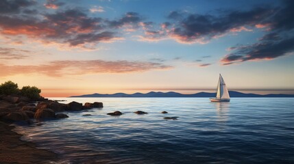 Fototapeta premium coastal scene at sunrise, calm waters kissed by the early sunlight - Generative AI