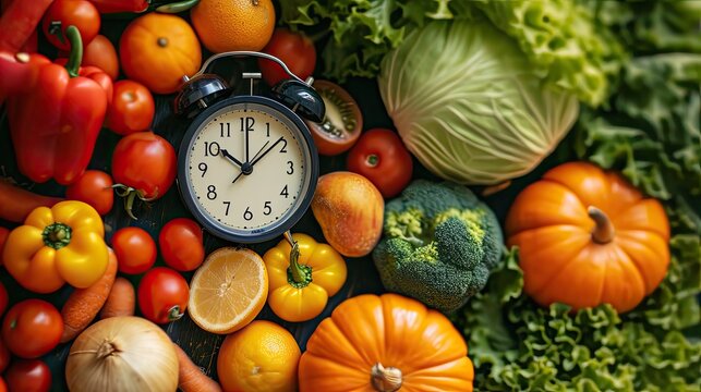 Diet food as a clock timer with copy space.