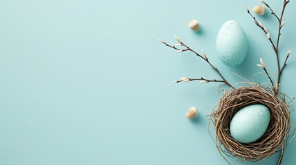 Easter egg with bird nest as frame border and light blue background. Copy space. - obrazy, fototapety, plakaty